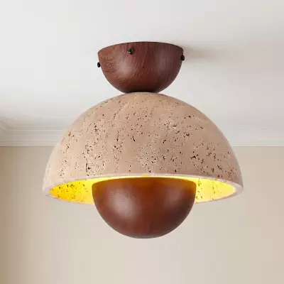 Elrick Mid-Century Travertine Wood Dome Ceiling Light