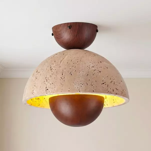 Elrick Minimalist Mid-Century Travertine Dome Ceiling Light