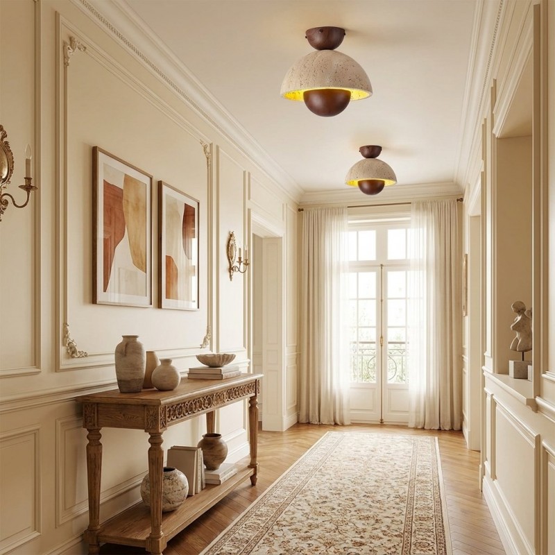 Elrick Mid-Century Travertine Wood Dome Ceiling Light