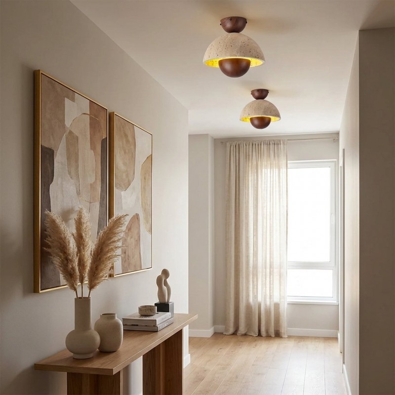 Elrick Minimalist Mid-Century Travertine Dome Ceiling Light