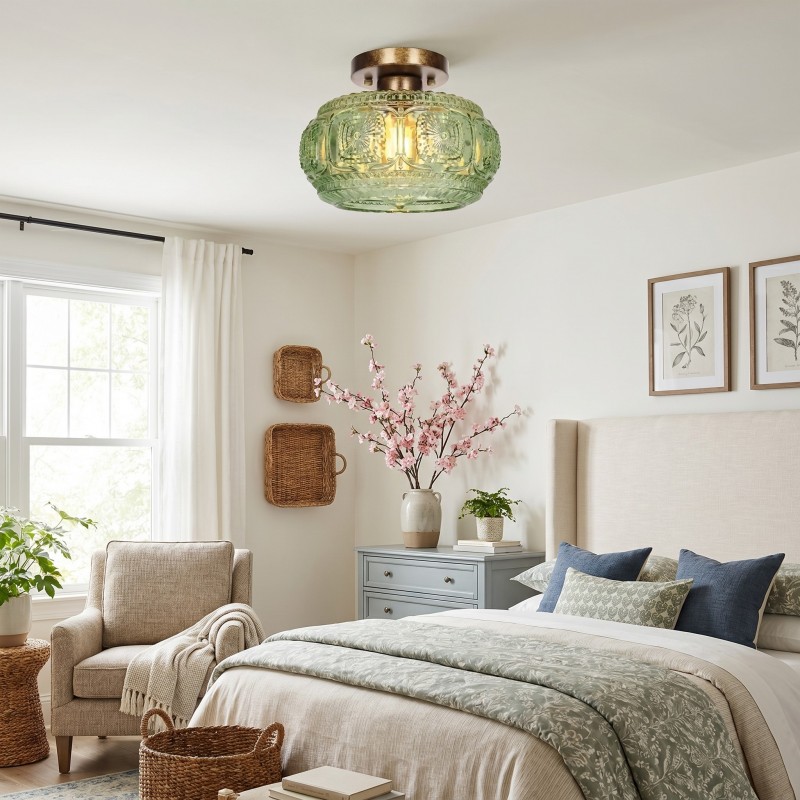 Ixionis Retro Carved Glass Semi Flush Ceiling Light