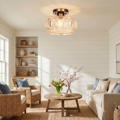 Ixionis Retro Carved Glass Semi Flush Ceiling Light