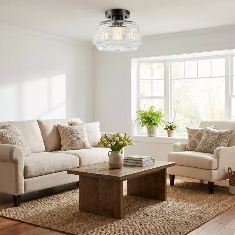 Ixionis Farmhouse Patterned Glass Semi Flush Mount Ceiling Light