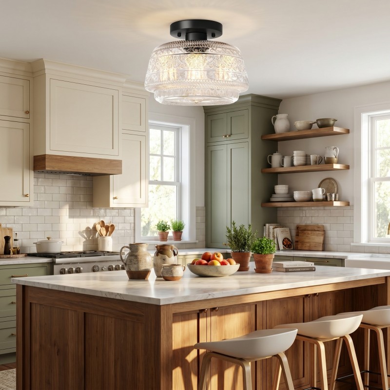 Ixionis Farmhouse Patterned Glass Semi Flush Mount Ceiling Light