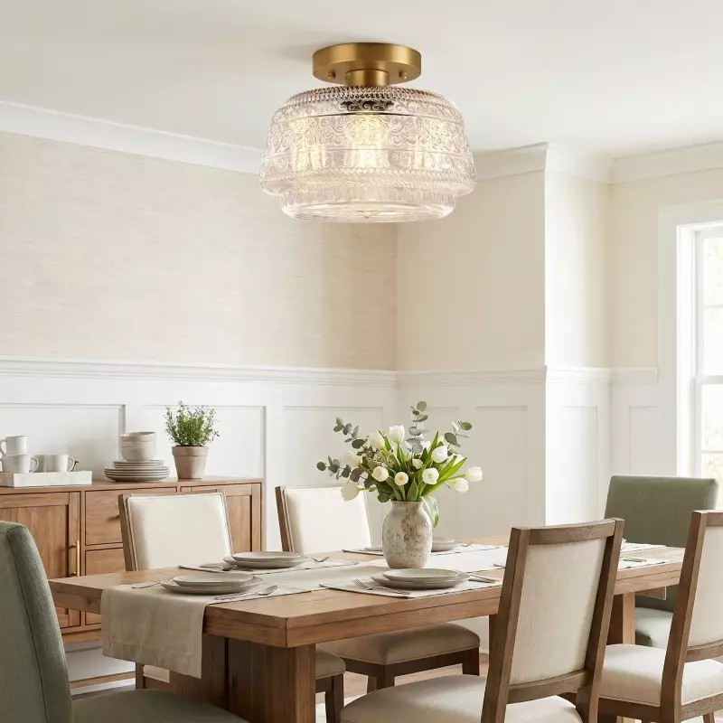 Ixionis Farmhouse Patterned Glass Semi Flush Mount Ceiling Light