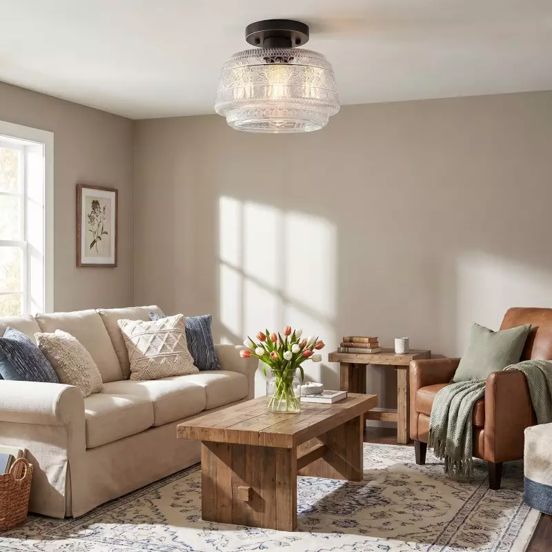 Ixionis Farmhouse Patterned Glass Semi Flush Mount Ceiling Light