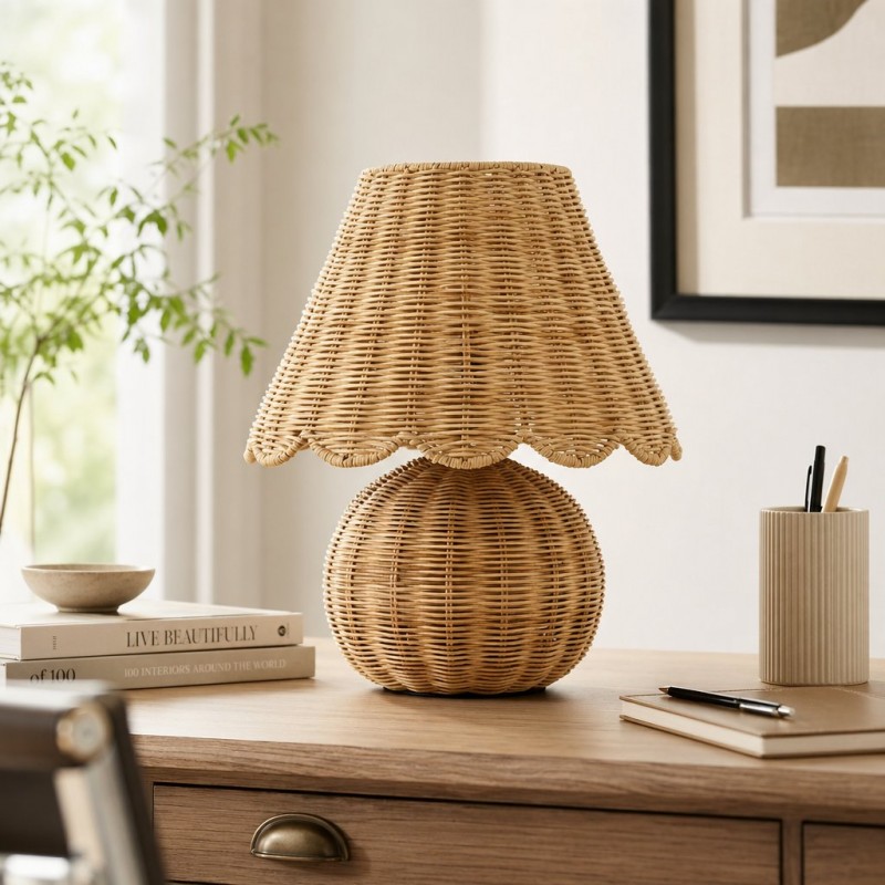 Caelyn Bohemian Natural Rattan Dome Table Lamp