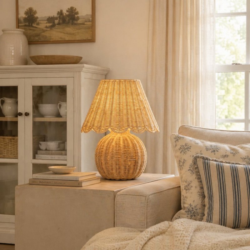 Caelyn Bohemian Natural Rattan Dome Table Lamp
