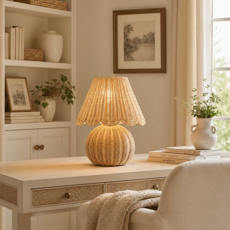 Caelyn Bohemian Natural Rattan Dome Table Lamp