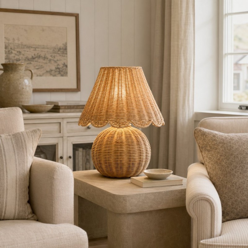 Caelyn Bohemian Natural Rattan Dome Table Lamp