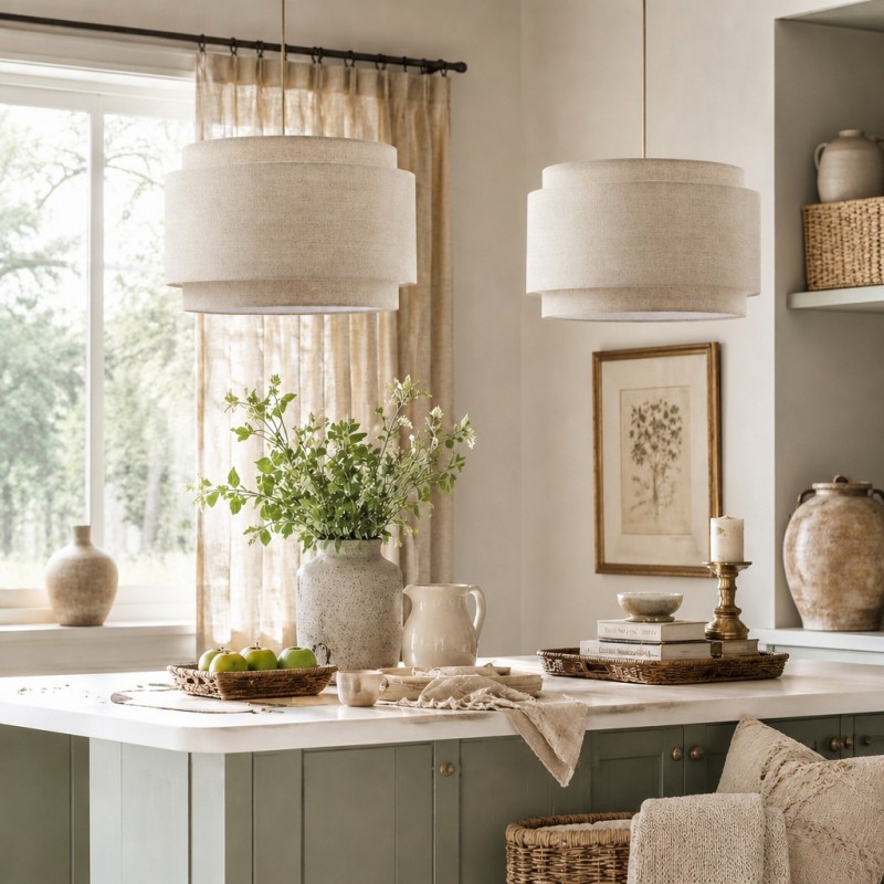 Virelai Modern Linen Double Drum Pendant Light