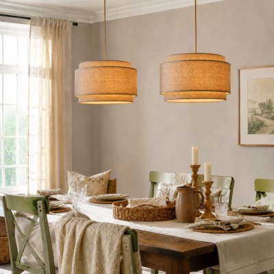 Virelai Modern Linen Double Drum Pendant Light