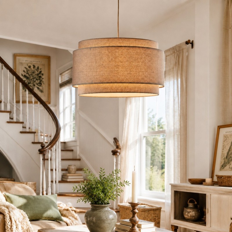 Virelai Modern Linen Double Drum Pendant Light