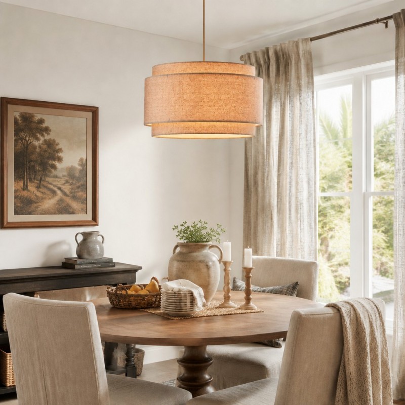 Virelai Modern Linen Double Drum Pendant Light