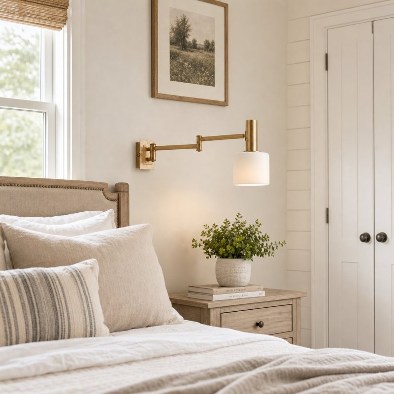 Aura Elegant Brass Swing Arm Porcelain Wall Sconce