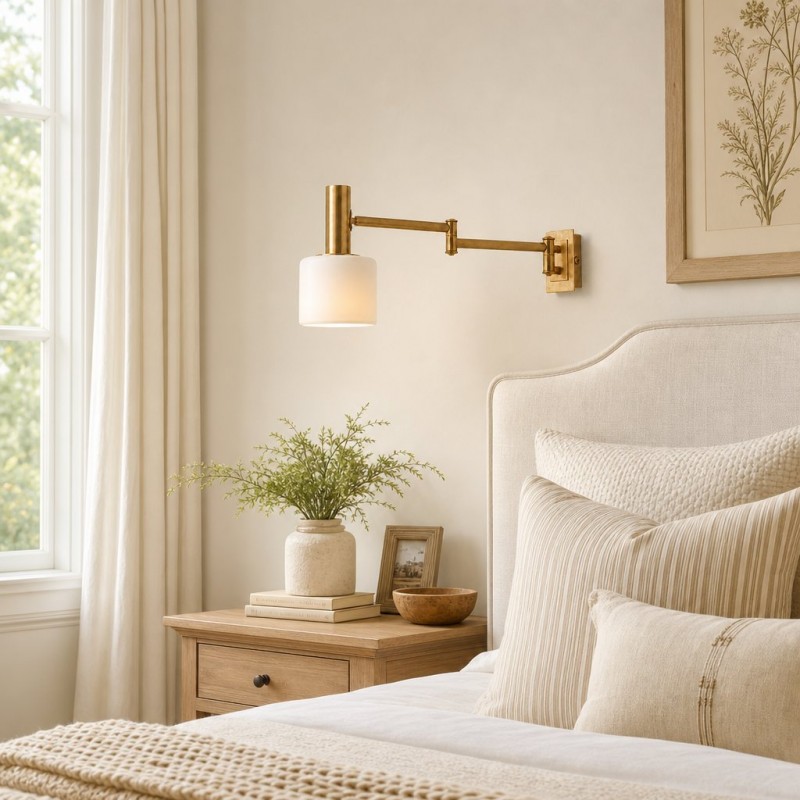 Aura Elegant Brass Swing Arm Porcelain Wall Sconce
