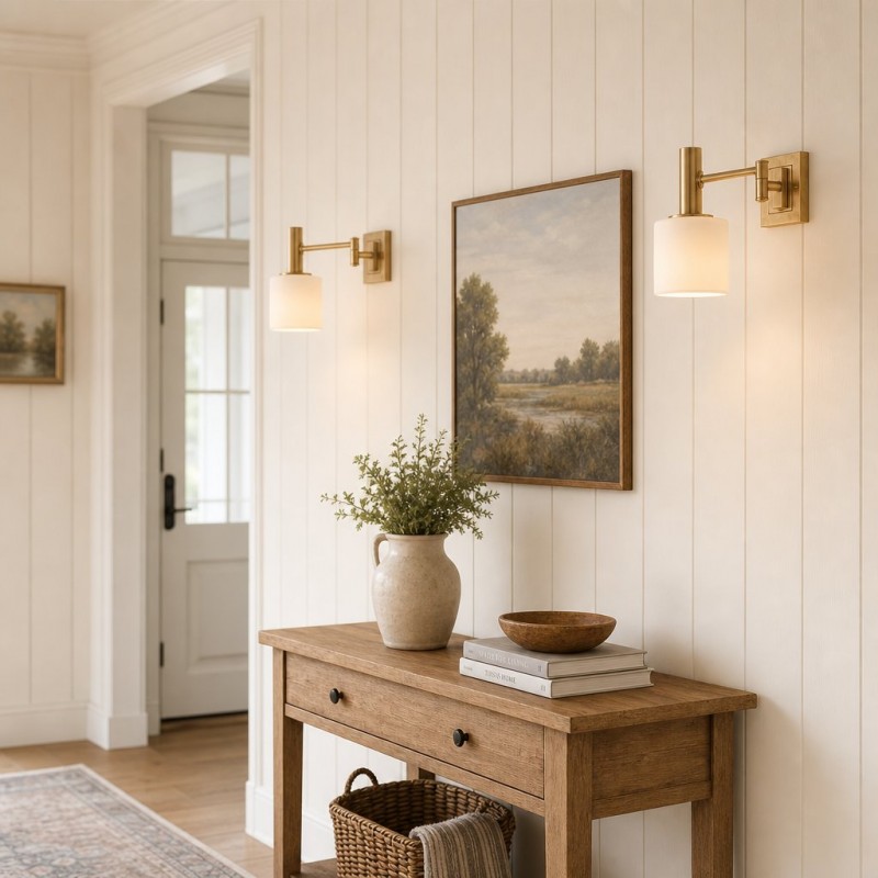 Aura Elegant Brass Swing Arm Porcelain Wall Sconce