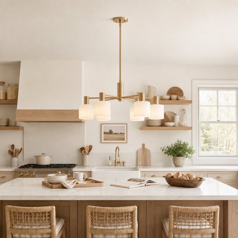 Aura Mid-Century Brass Porcelain Cylinder Chandelier