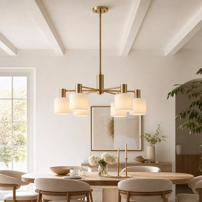 Aura Mid-Century Brass Porcelain Cylinder Chandelier