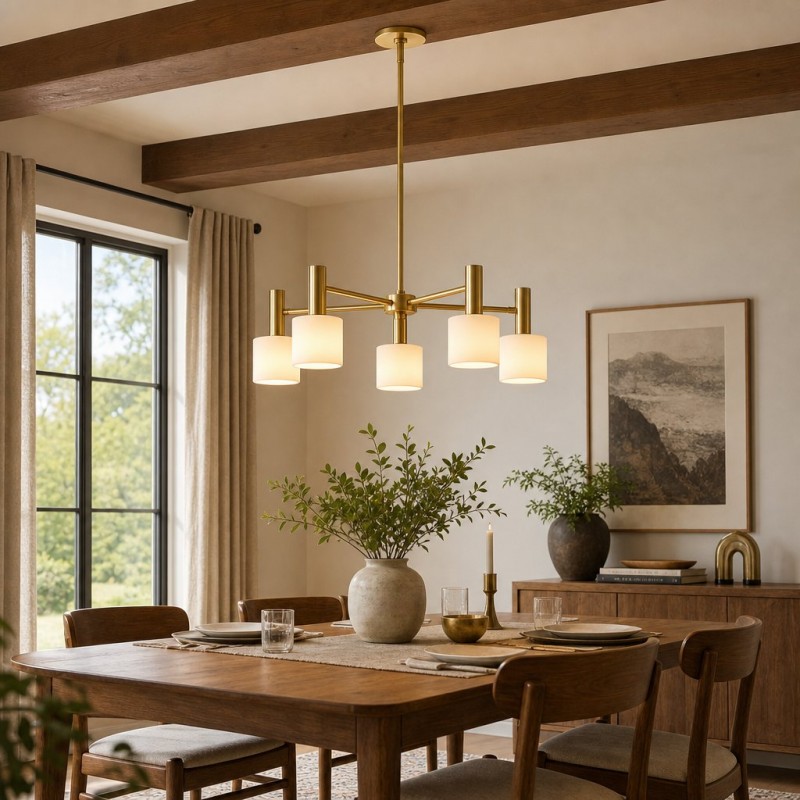 Aura Mid-Century Brass Porcelain Cylinder Chandelier