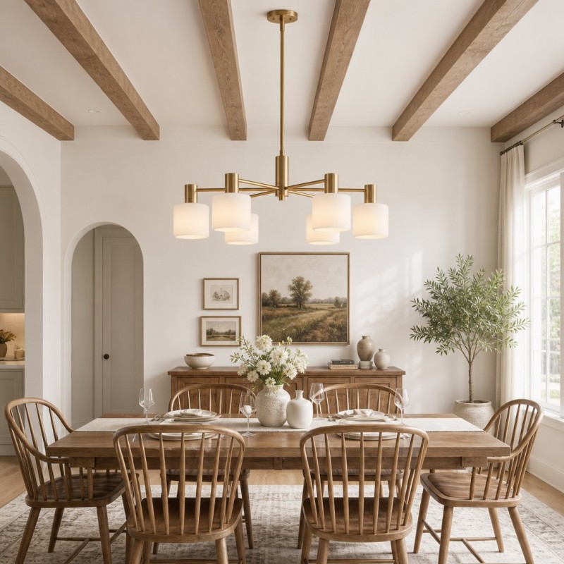Aura Mid-Century Brass Porcelain Cylinder Chandelier