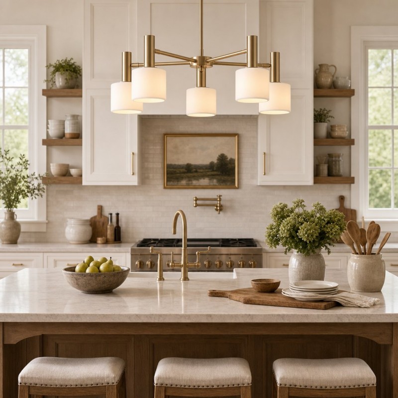 Aura Mid-Century Brass Porcelain Cylinder Chandelier