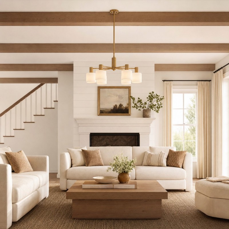 Aura Mid-Century Brass Porcelain Cylinder Chandelier