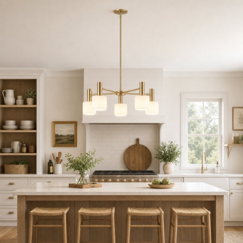 Aura Mid-Century Brass Porcelain Cylinder Chandelier
