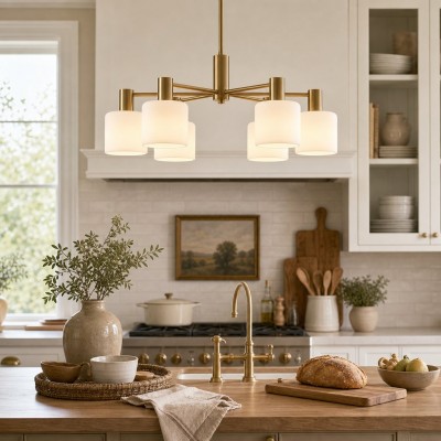 Aura Mid-Century Brass Porcelain Cylinder Chandelier