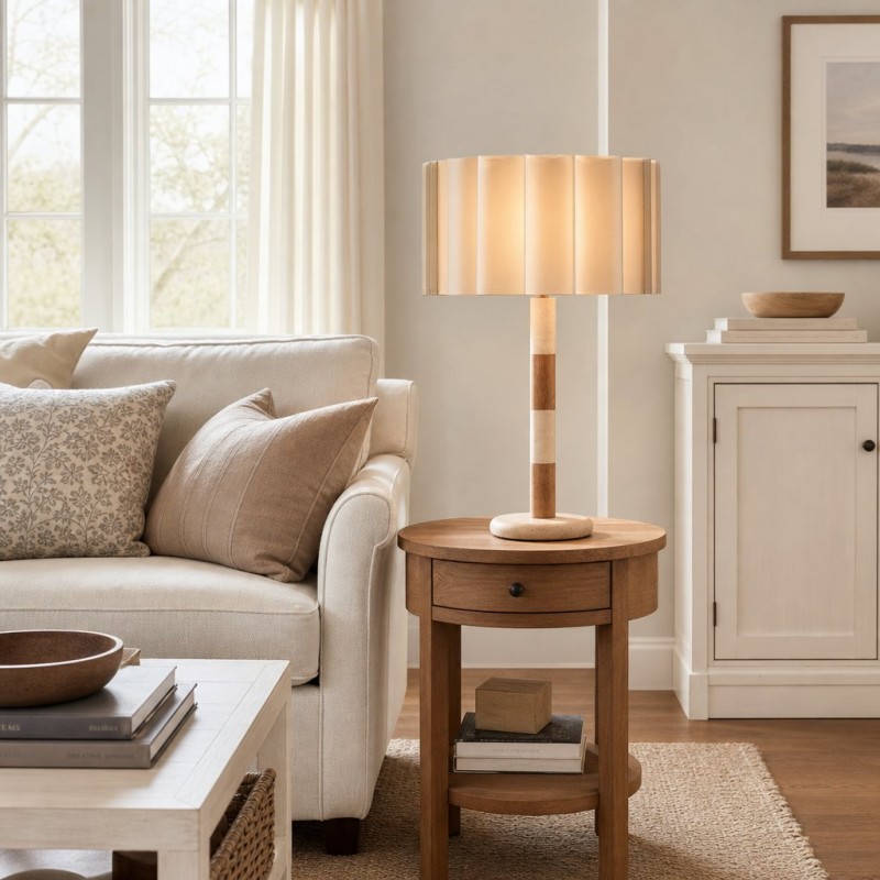 Elaina Natural Travertine Wood Pleated Drum Table Lamp
