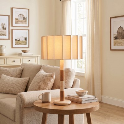 Elaina Natural Travertine Wood Pleated Drum Table Lamp