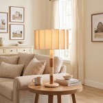 Elaina Natural Travertine Wood Pleated Drum Table Lamp