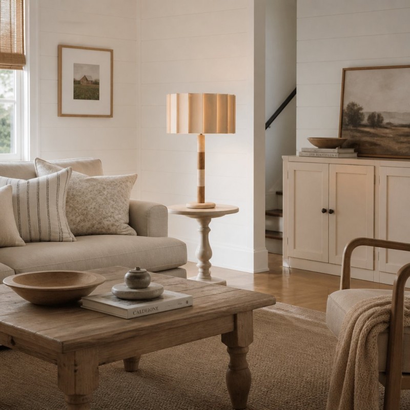 Elaina Natural Travertine Wood Pleated Drum Table Lamp