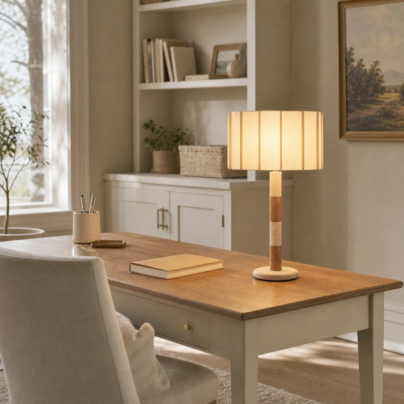 Elaina Natural Travertine Wood Pleated Drum Table Lamp