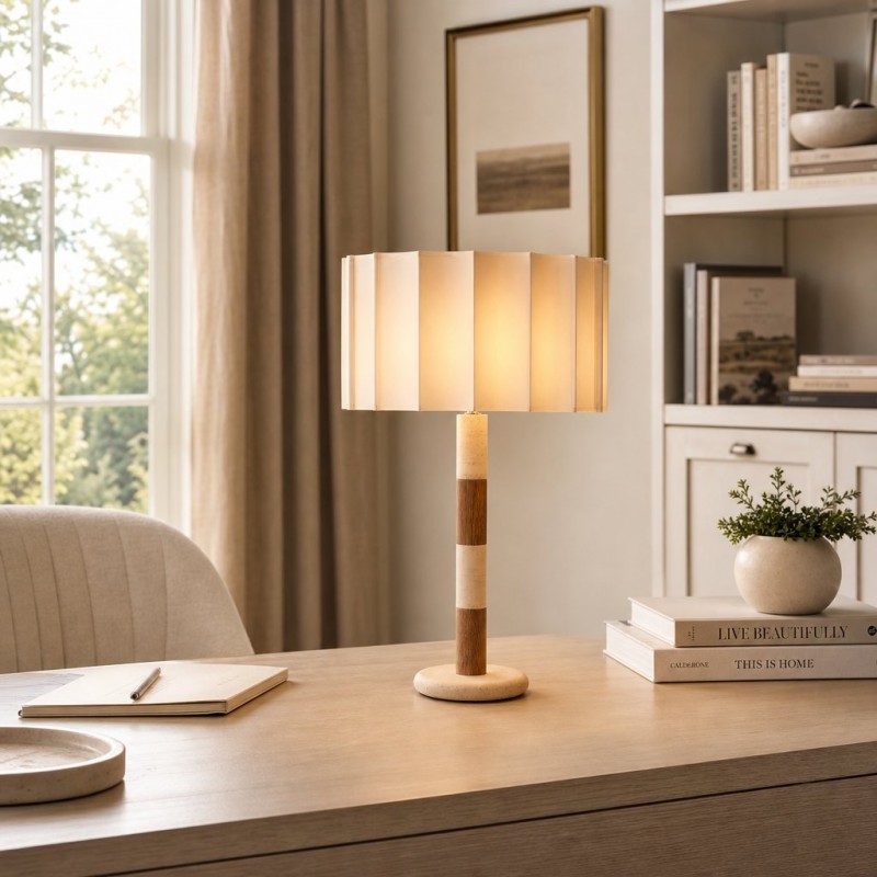 Elaina Natural Travertine Wood Pleated Drum Table Lamp