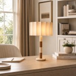 Elaina Natural Travertine Wood Pleated Drum Table Lamp