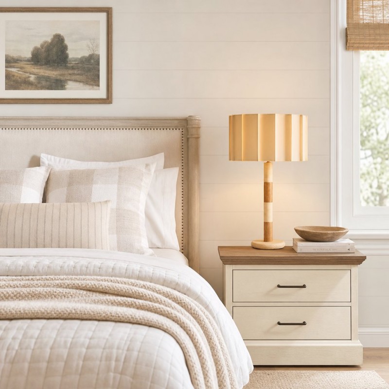 Elaina Natural Travertine Wood Pleated Drum Table Lamp