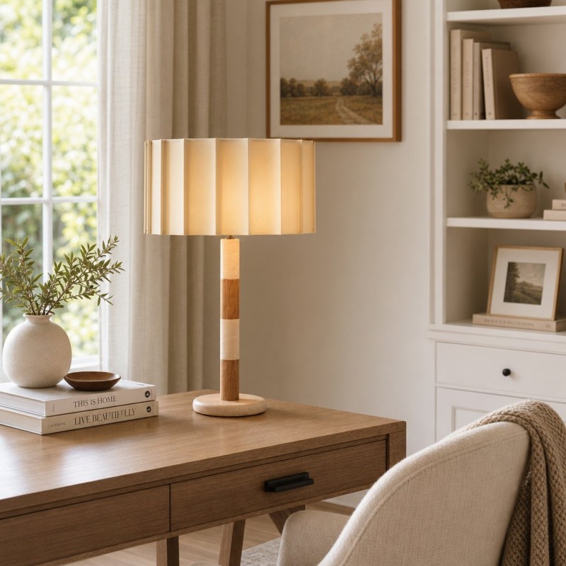 Elaina Natural Travertine Wood Pleated Drum Table Lamp