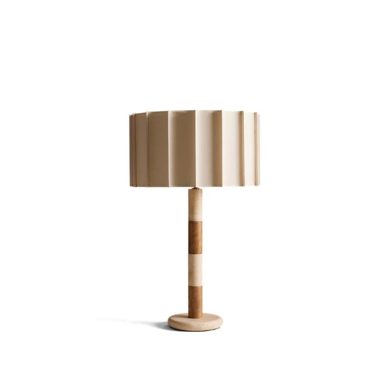 Elaina Natural Travertine Wood Pleated Drum Table Lamp