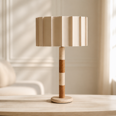 Elaina Natural Travertine Wood Pleated Drum Table Lamp
