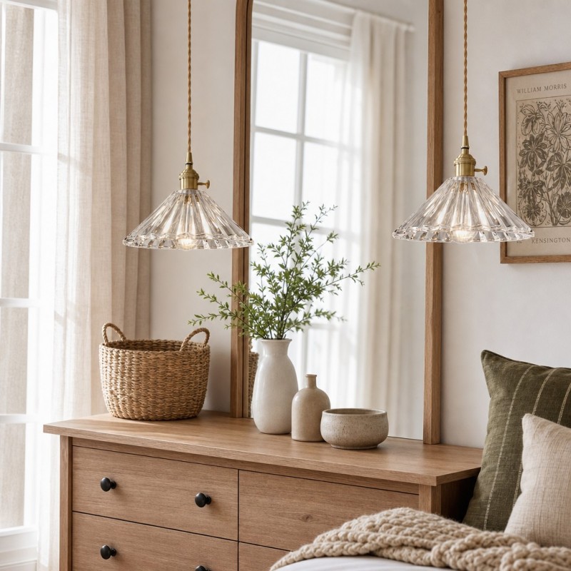 Fyron Retro Clear Brass Glass Pleated Pendant Light