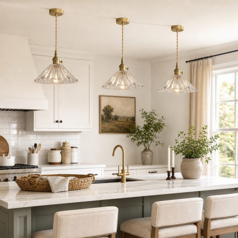 Fyron Retro Clear Brass Glass Pleated Pendant Light