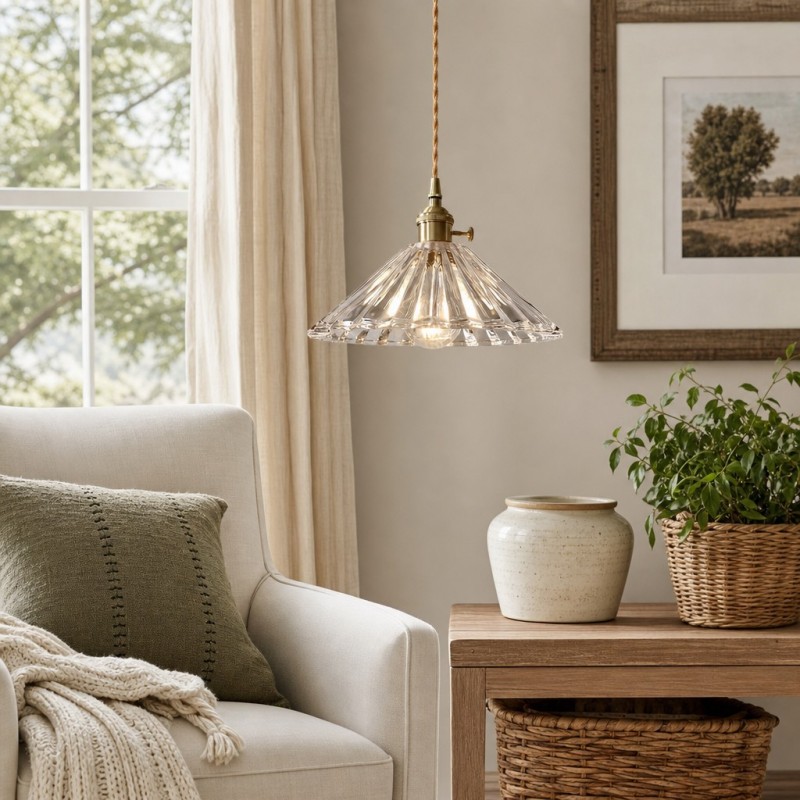 Fyron Retro Clear Brass Glass Pleated Pendant Light