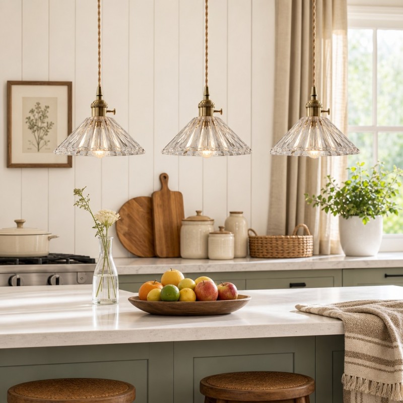 Fyron Retro Clear Brass Glass Pleated Pendant Light