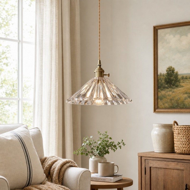 Fyron Retro Clear Brass Glass Pleated Pendant Light