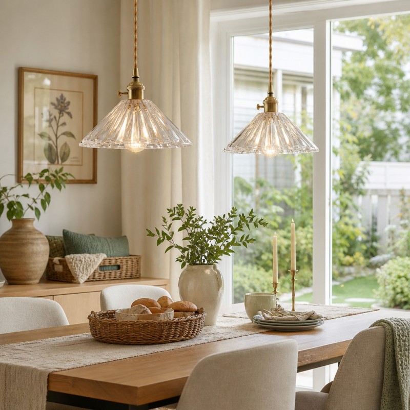 Fyron Retro Clear Brass Glass Pleated Pendant Light