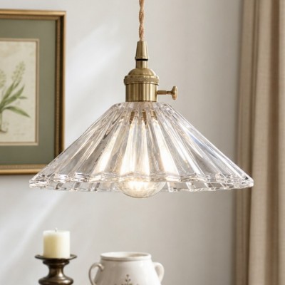 Fyron Retro Clear Brass Glass Pleated Pendant Light