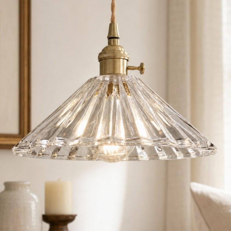 Fyron Retro Clear Brass Glass Pleated Pendant Light
