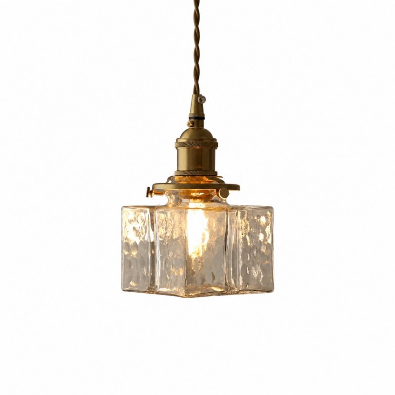 Faelthorin Farmhouse Brass Hammered Square Glass Pendant Lamp