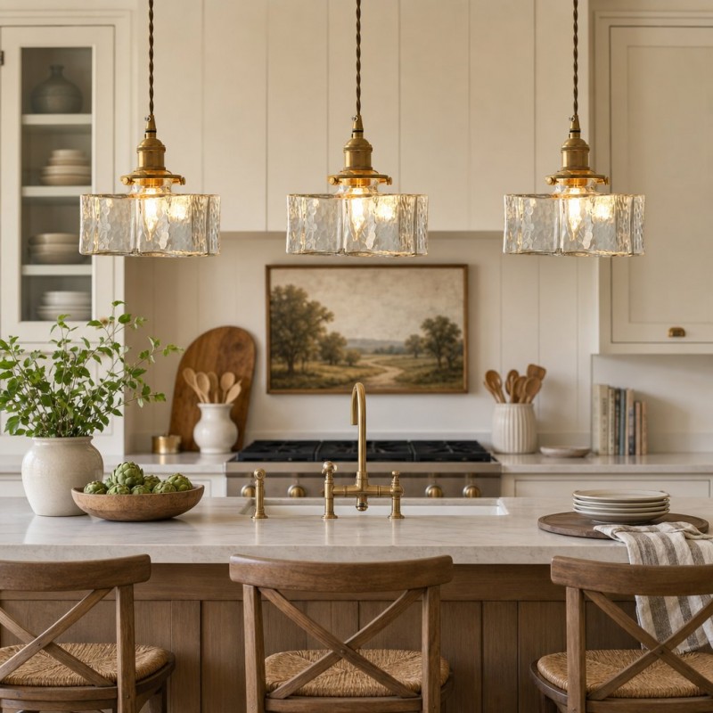 Faelthorin Farmhouse Brass Hammered Square Glass Pendant Lamp